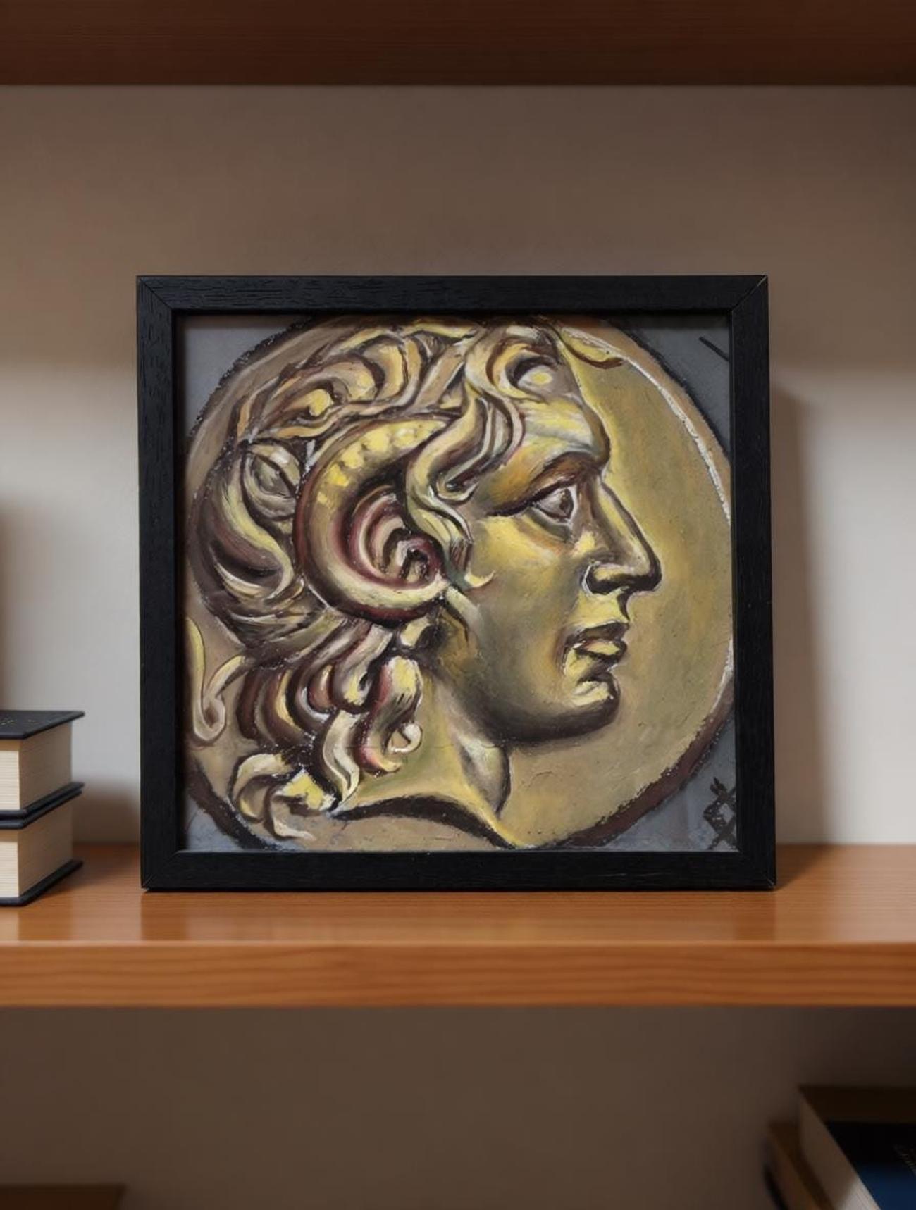 Alessandro Magno, disegno a pastello a olio di una moneta antica