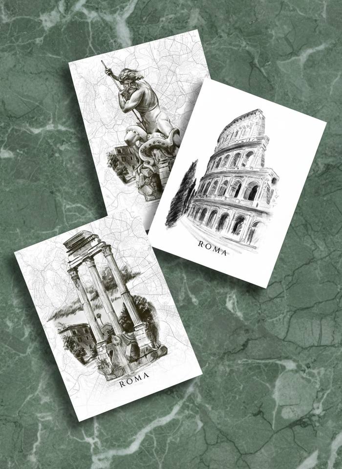 Le tre cartoline della collezione Roma: il Colosseo, la Fontana del Nettuno e il Tempio dei Dioscuri nel Foro Romano