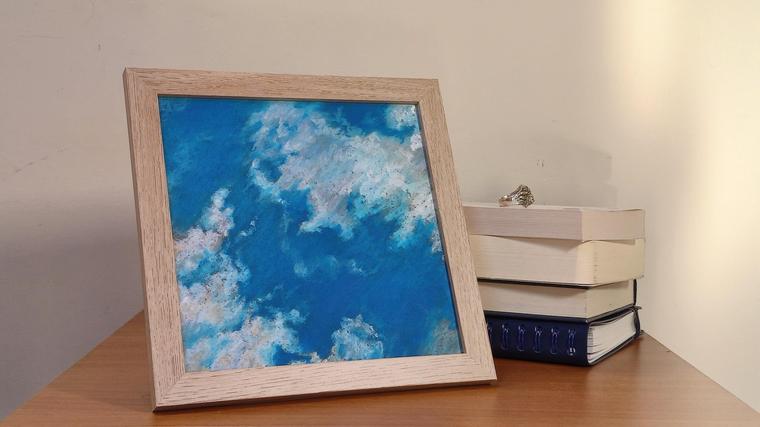 Cielo Sognante, disegno a pastello a olio con nuvole
