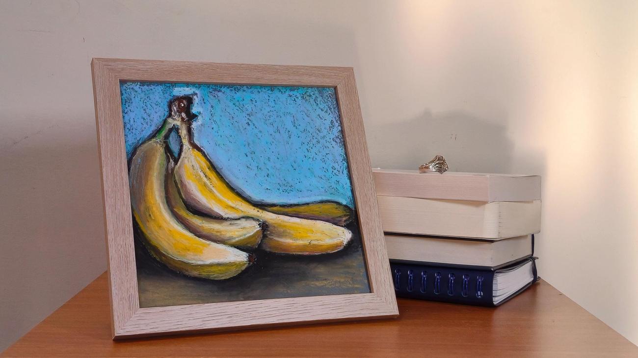 Dolcezza Tropicale, natura morta a pastello a olio con banane