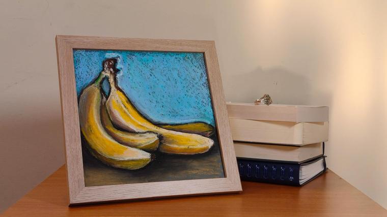 Dolcezza Tropicale, natura morta a pastello a olio con banane