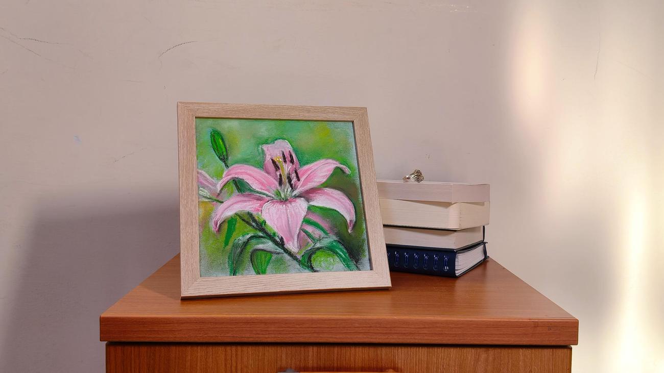 Eleganza Rosa, natura morta a pastello a olio con giglio rosa