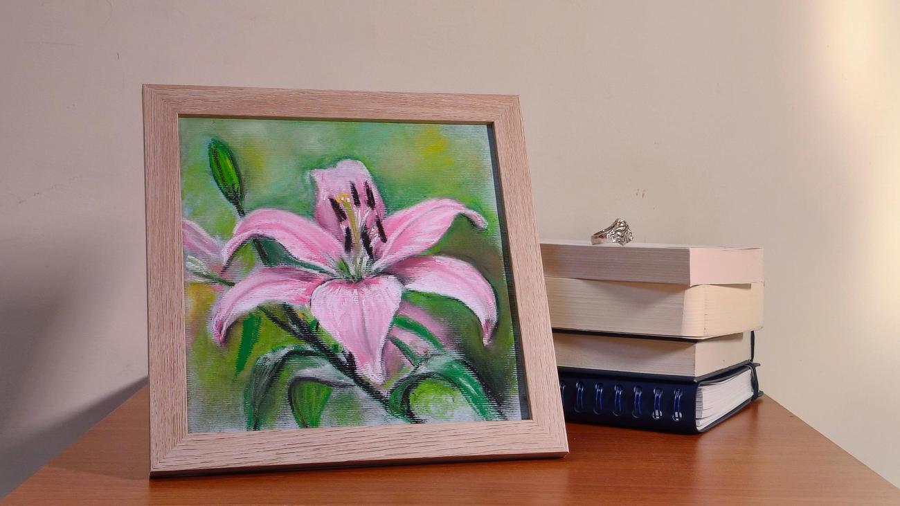 Eleganza Rosa, natura morta a pastello a olio con giglio rosa