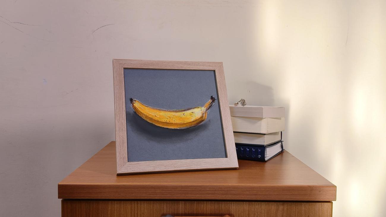 Essenziale Giallo, natura morta a pastello a olio con banana