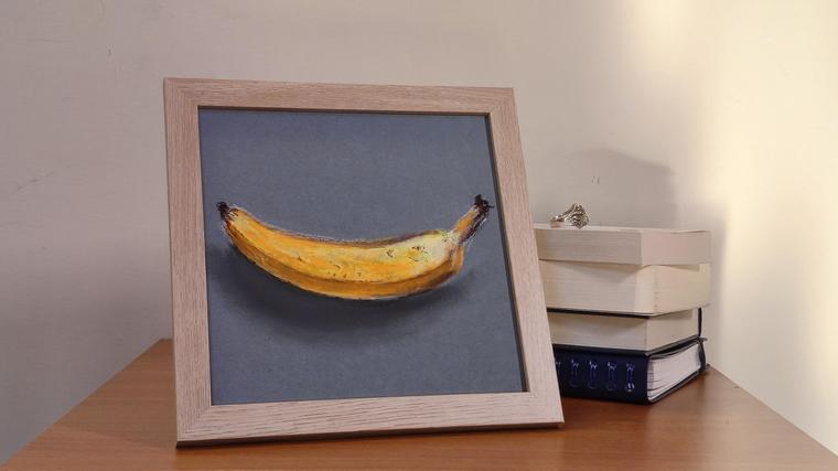 Essenziale Giallo, natura morta a pastello a olio con banana