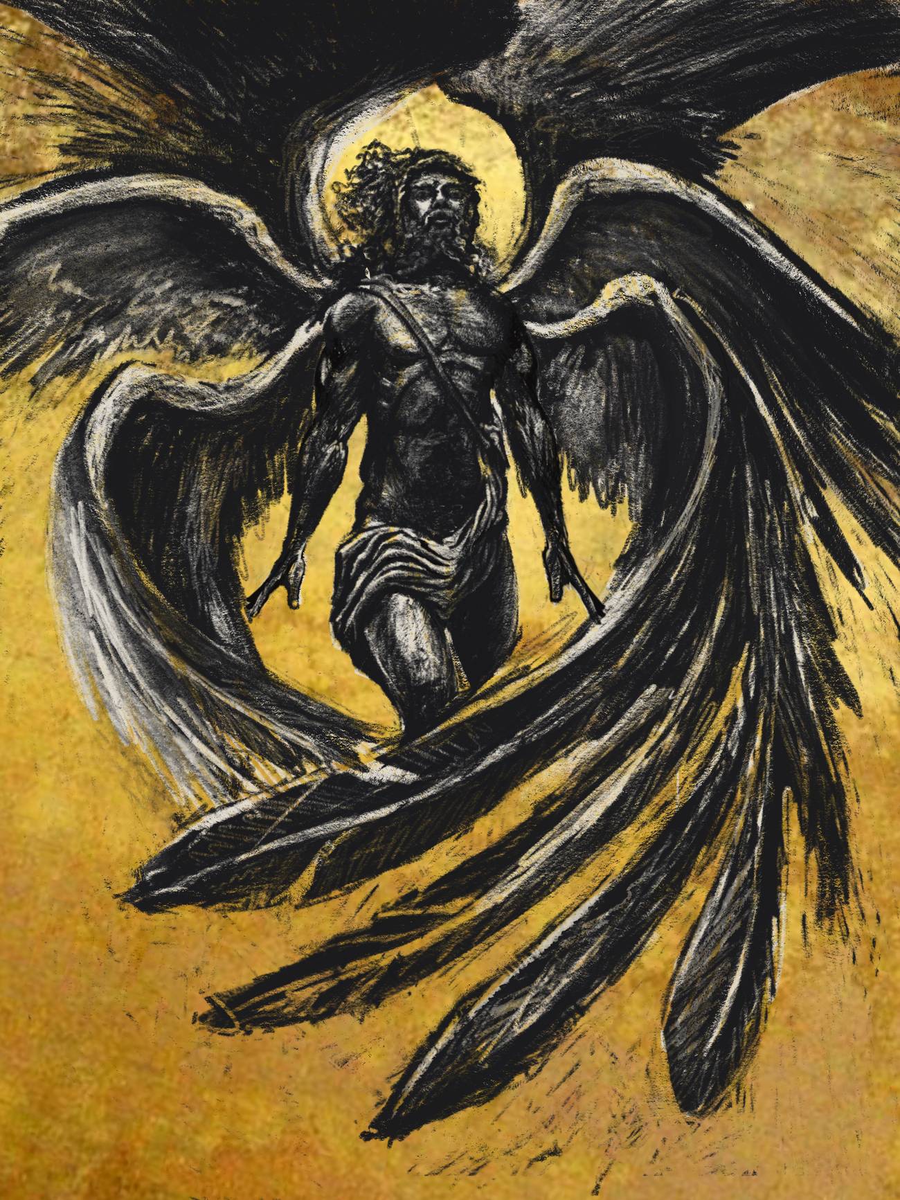 In volo, opera digitale nello stile del carboncino: una figura alata su fondo d'oro, omaggio a Icaro