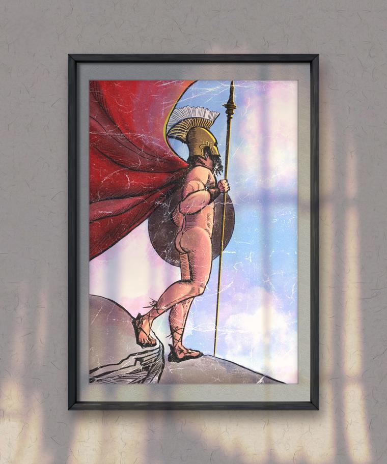 Leonida, opera digitale: il re di Sparta con lancia, scudo e mantello rosso sulla roccia