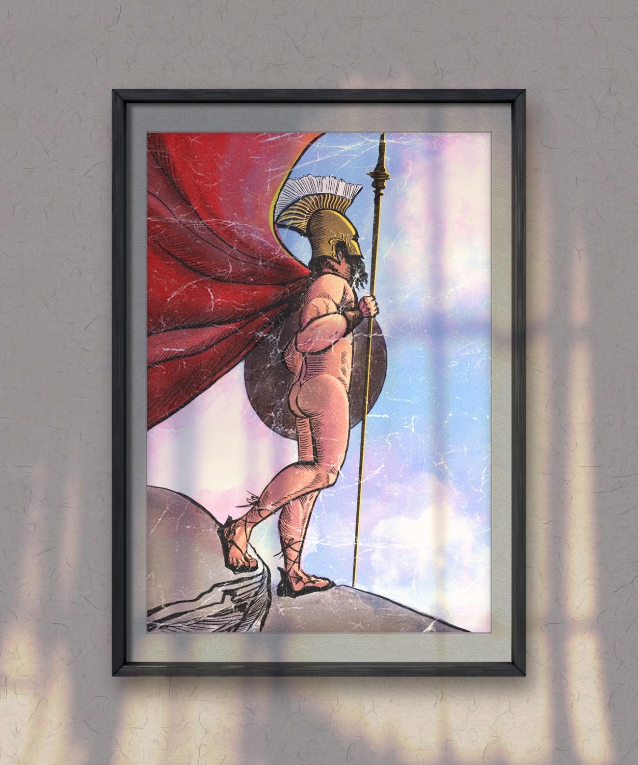 Leonida, opera digitale: il re di Sparta con lancia, scudo e mantello rosso sulla roccia