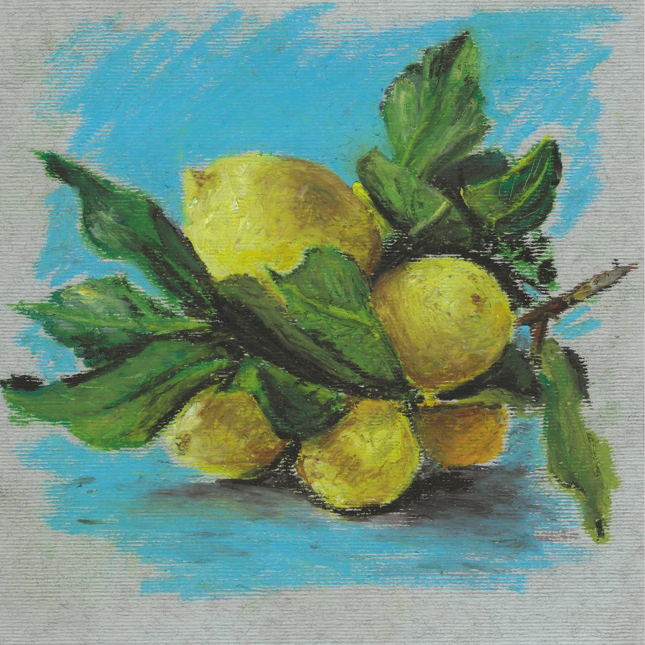 Limoni, natura morta a pastello a olio
