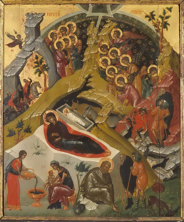 Icona della Natività, pittore cretese ignoto, seconda metà del XV secolo: Maria distesa davanti alla grotta nera, il Bambino fasciato nella mangiatoia di pietra, gli angeli, i magi a cavallo, i pastori, Giuseppe e le levatrici