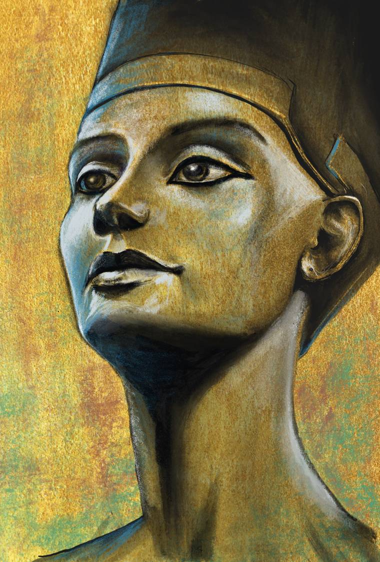 Nefertiti Art Pop, opera digitale nello stile del pastello: il busto della regina su fondo d'oro e verde